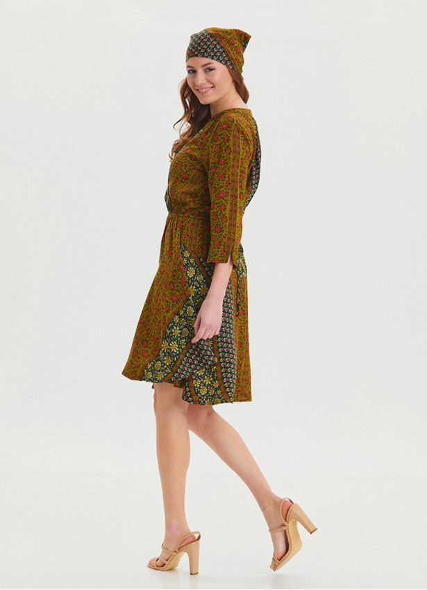 Green Patterned Midi Dress with Judge Collar and Button Detail 4462